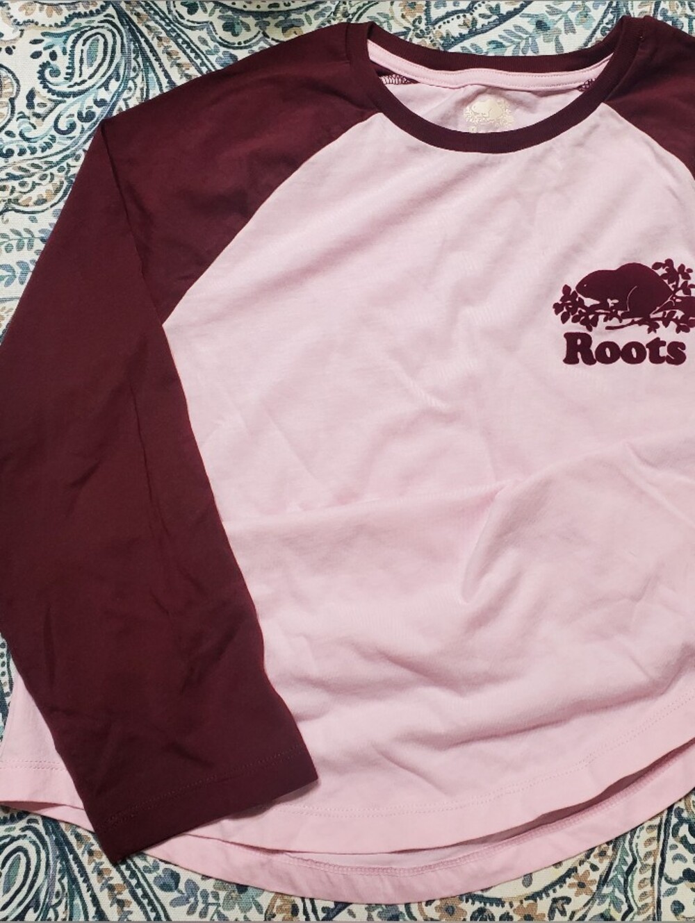 Roots Pink and Burgundy Raglan Baseball Shirt